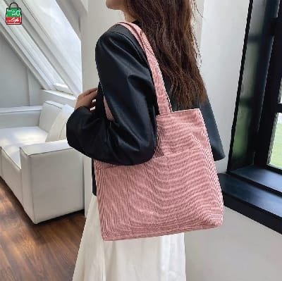 Picture of TAG Lifestyle Corduroy Tote Bag, Shopping Bag, Girls & Ladies Bag, outside pocket Top Handle Lite Pink Color Tote Bag for University/College/Girls students & Women