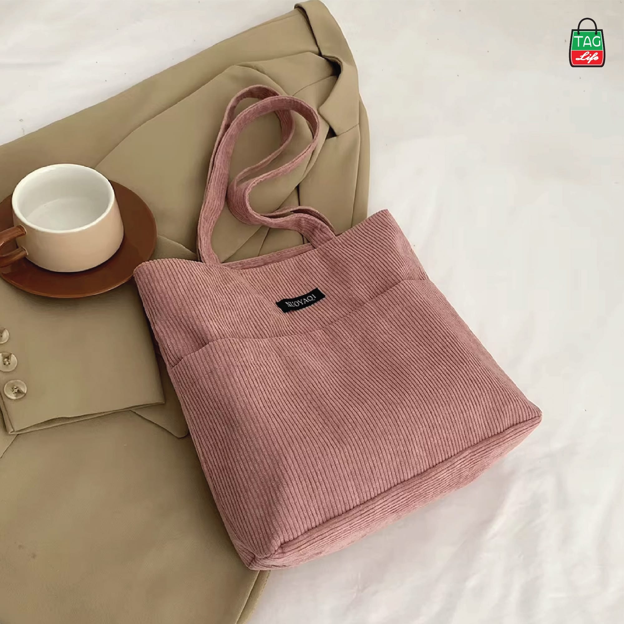 Picture of TAG Lifestyle Corduroy Tote Bag, Shopping Bag, Girls & Ladies Bag, outside pocket Top Handle Lite Pink Color Tote Bag for University/College/Girls students & Women