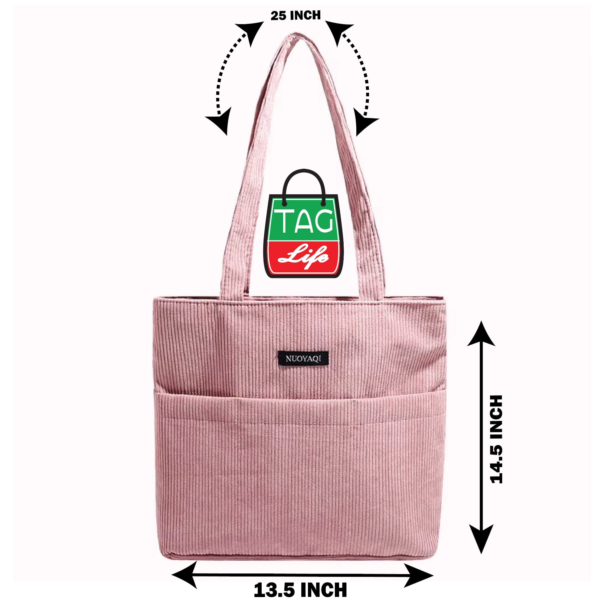Picture of TAG Lifestyle Corduroy Tote Bag, Shopping Bag, Girls & Ladies Bag, outside pocket Top Handle Lite Pink Color Tote Bag for University/College/Girls students & Women