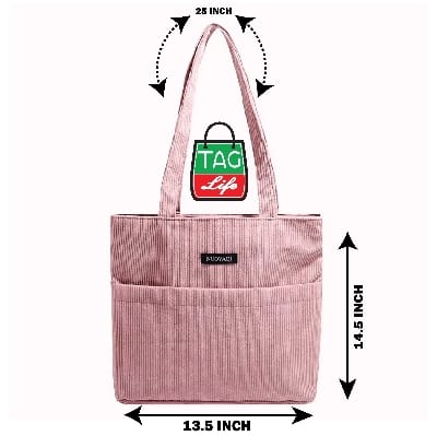 Picture of TAG Lifestyle Corduroy Tote Bag, Shopping Bag, Girls & Ladies Bag, outside pocket Top Handle Lite Pink Color Tote Bag for University/College/Girls students & Women
