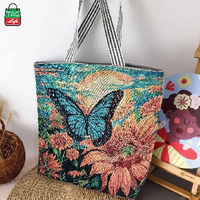 Picture of Product details of  TAG Lifestyle Retro Embroidered Print Canvas Tote Bag Shopping Bag, Girls & Ladies Jacquard Embroidered Bag, Inside pocket Top Handle Tote Bag for University/College/Girls Students And Fashionable Women