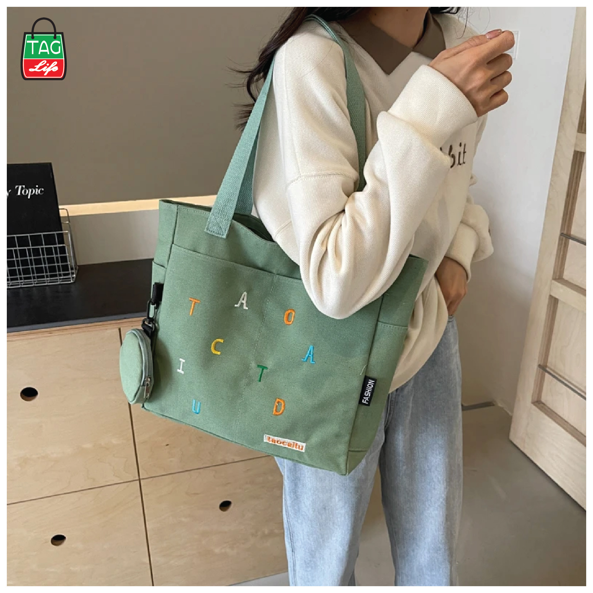 Picture of TAG Lifestyle Exclusive Design embroidery Canvas Tote Bag, Fashionable Top Handle Olive Color With 4 Outside Pockets Trendy Fashionable Tote Bag for University, College Students Girls And Women
