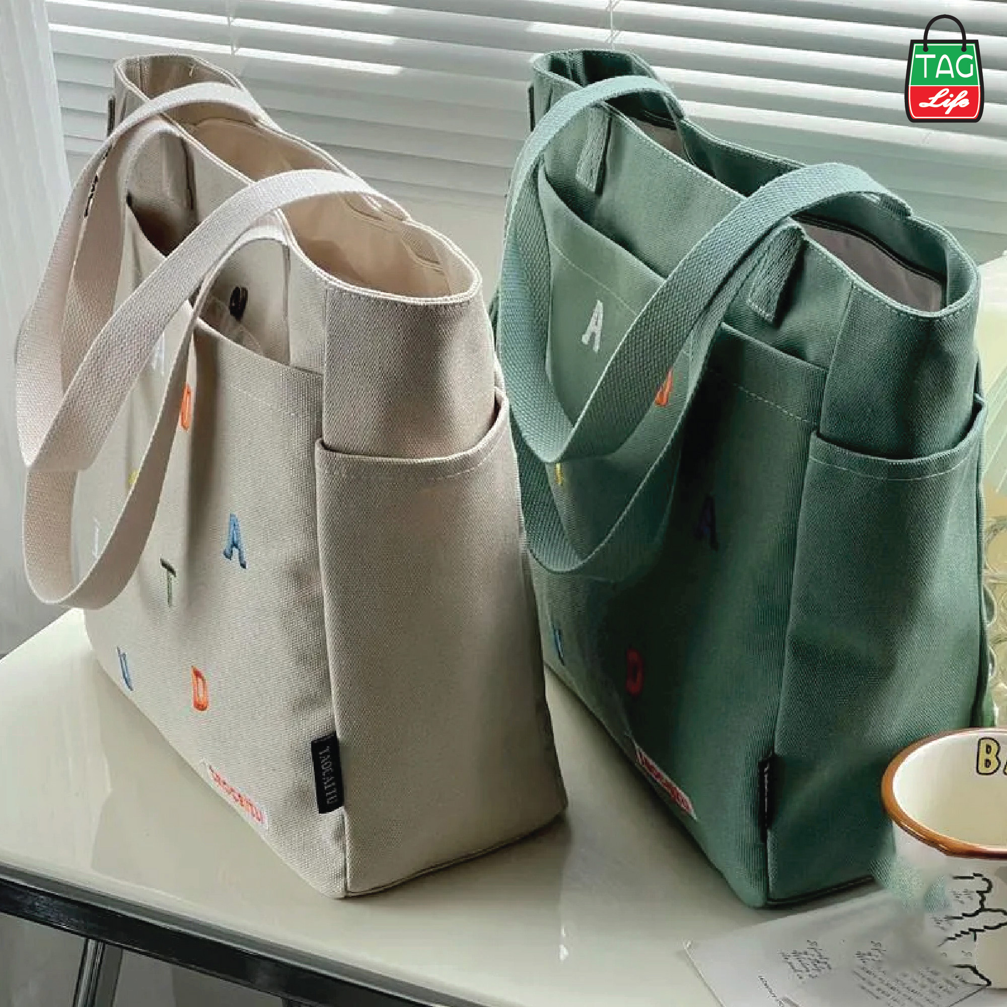 Picture of TAG Lifestyle Exclusive Design embroidery Canvas Tote Bag, Fashionable Top Handle Olive Color With 4 Outside Pockets Trendy Fashionable Tote Bag for University, College Students Girls And Women
