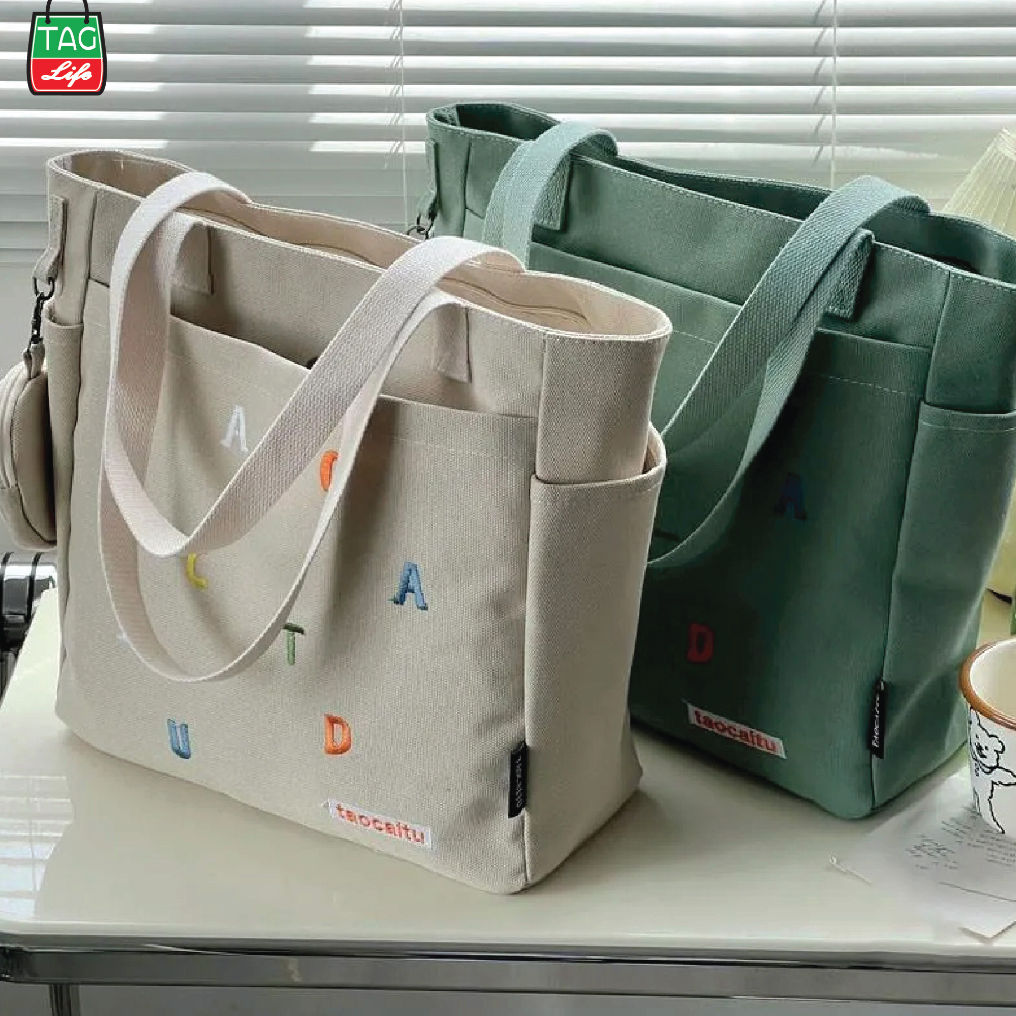 Picture of TAG Lifestyle Exclusive Design embroidery Canvas Tote Bag, Fashionable Top Handle Olive Color With 4 Outside Pockets Trendy Fashionable Tote Bag for University, College Students Girls And Women
