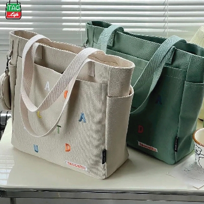 Picture of TAG Lifestyle Exclusive Design embroidery Canvas Tote Bag, Fashionable Top Handle Olive Color With 4 Outside Pockets Trendy Fashionable Tote Bag for University, College Students Girls And Women