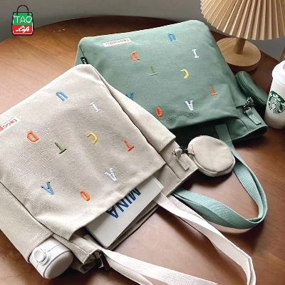Picture of TAG Lifestyle Exclusive Design embroidery Canvas Tote Bag, Fashionable Top Handle Olive Color With 4 Outside Pockets Trendy Fashionable Tote Bag for University, College Students Girls And Women