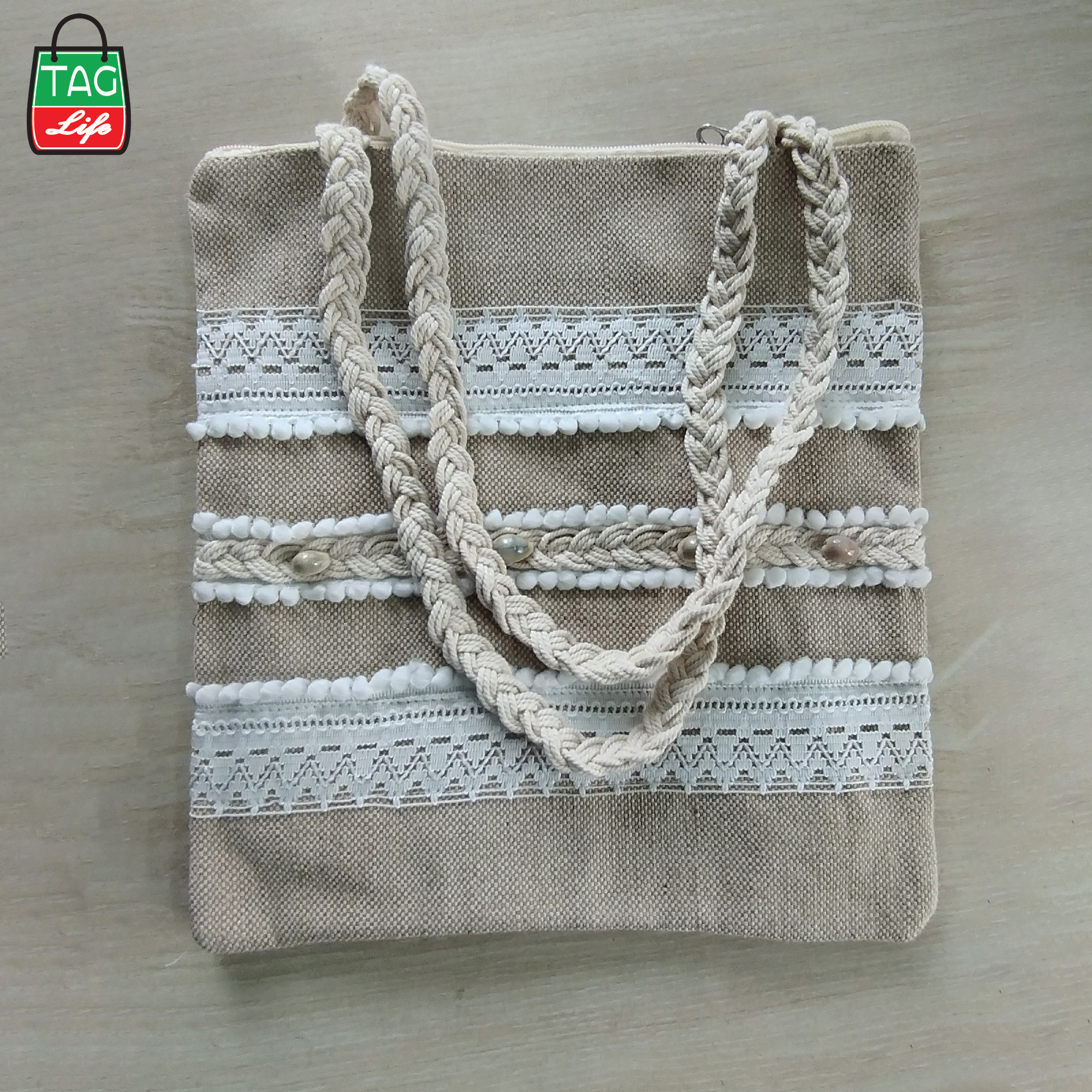 Picture of taglifestyle Jute Tote Bag Shopping Bag/College/University Bag, Tote Bag ,Jute Bag with inside pocket and Zipper closer For college ,university, girls and women