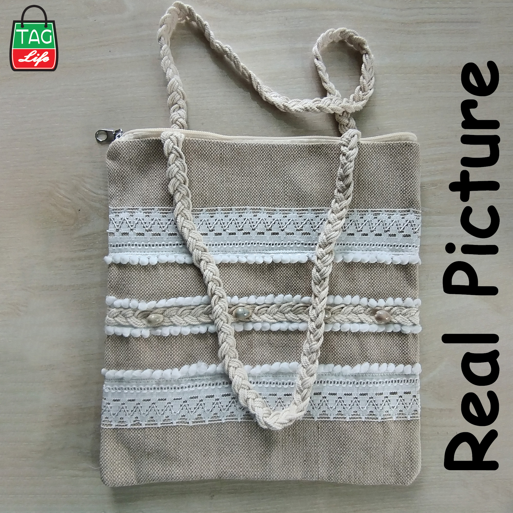 Picture of taglifestyle Jute Tote Bag Shopping Bag/College/University Bag, Tote Bag ,Jute Bag with inside pocket and Zipper closer For college ,university, girls and women