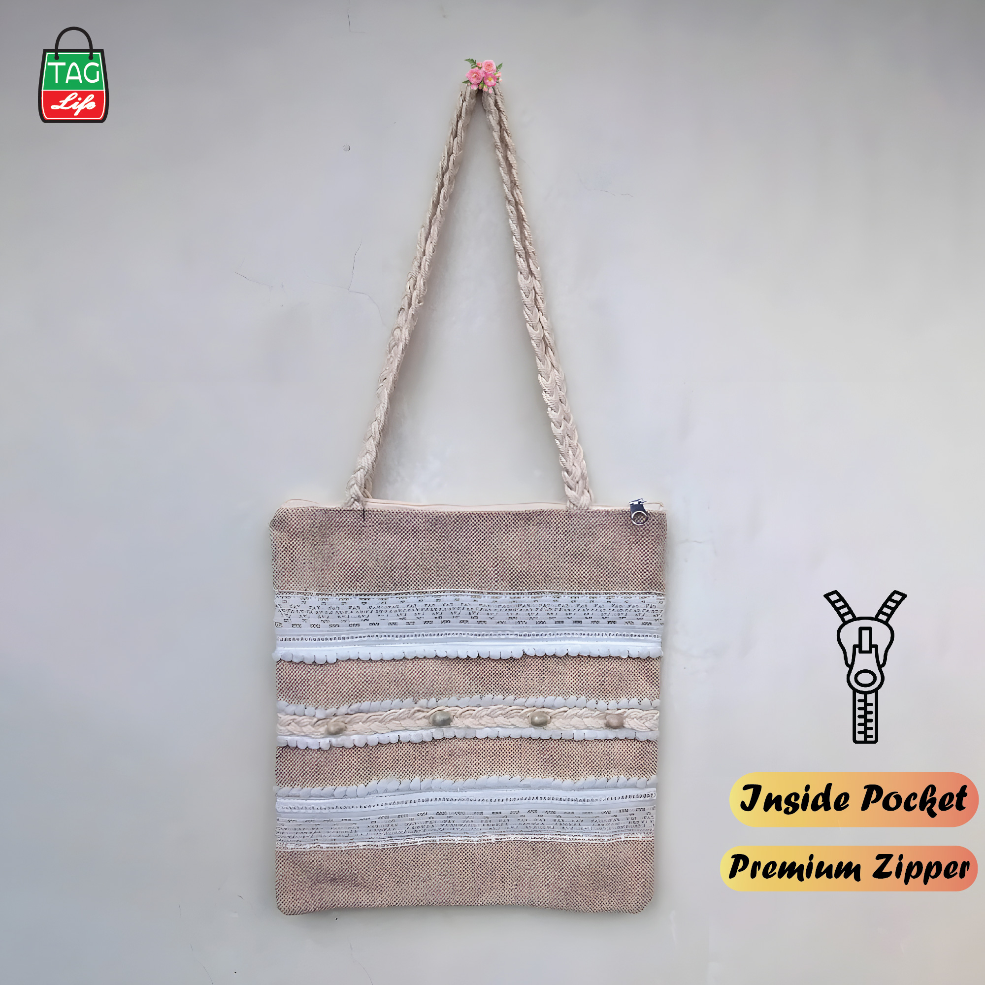 Picture of taglifestyle Jute Tote Bag Shopping Bag/College/University Bag, Tote Bag ,Jute Bag with inside pocket and Zipper closer For college ,university, girls and women