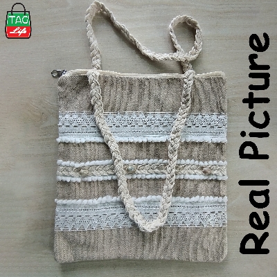 Picture of taglifestyle Jute Tote Bag Shopping Bag/College/University Bag, Tote Bag ,Jute Bag with inside pocket and Zipper closer For college ,university, girls and women