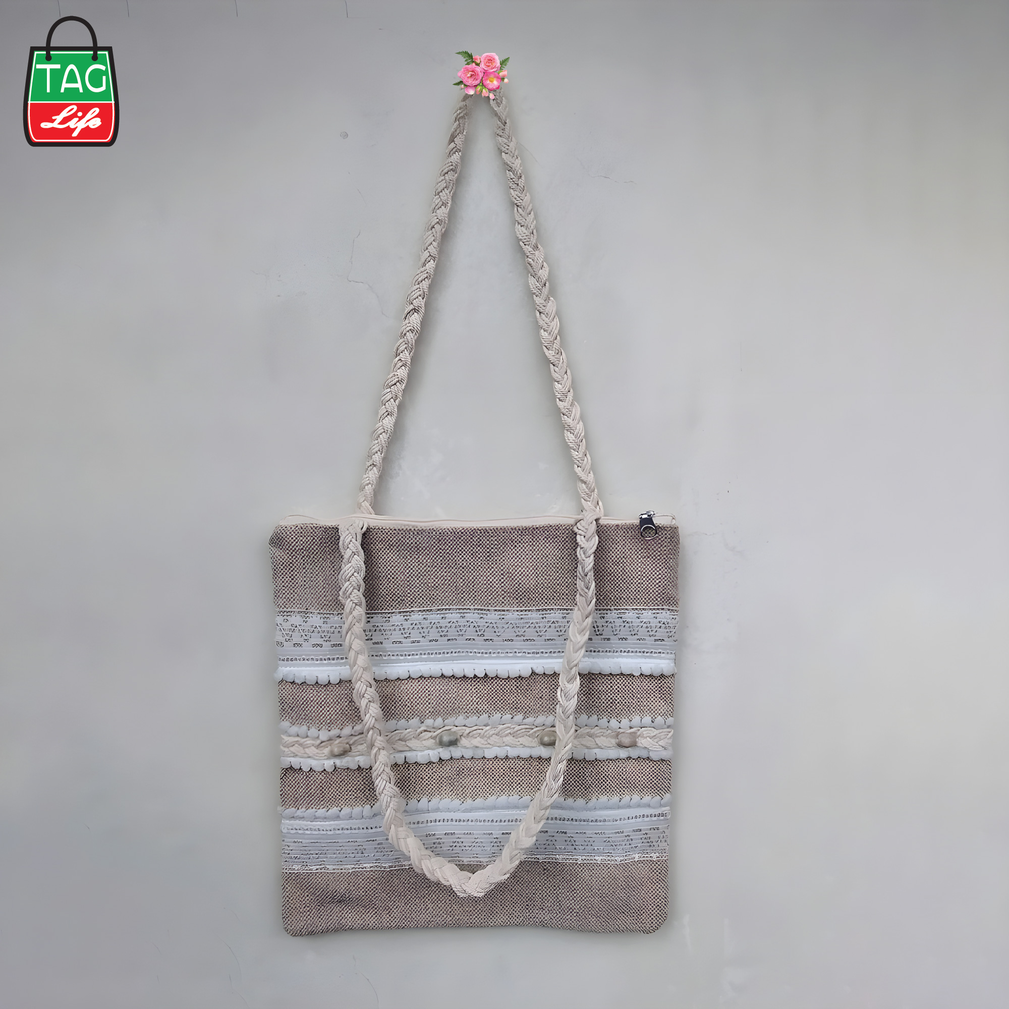 Picture of taglifestyle Jute Tote Bag Shopping Bag/College/University Bag, Tote Bag ,Jute Bag with inside pocket and Zipper closer For college ,university, girls and women