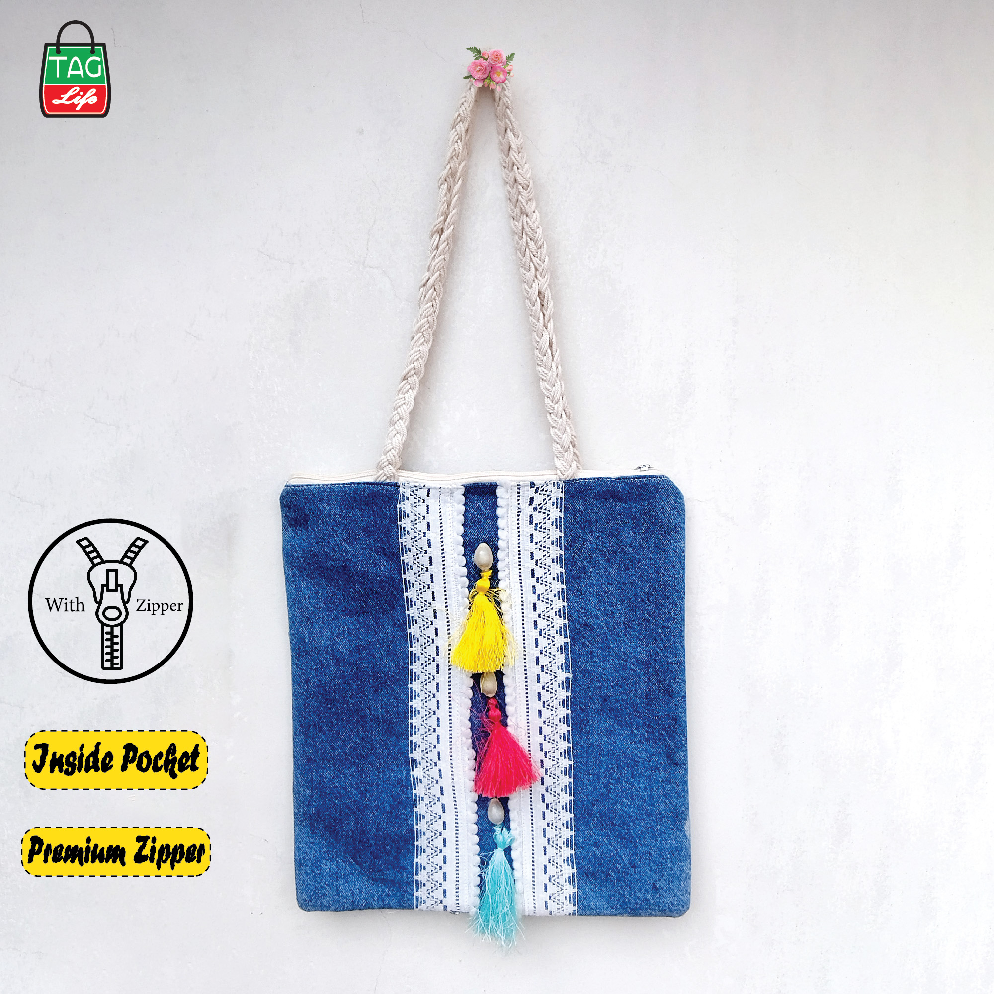 Picture of taglifestyle Denim Tote Bag Shopping Bag/College/University Bag, Tote Bag ,Denim Bag with inside pocket and Zipper closer For college ,university, girls and women