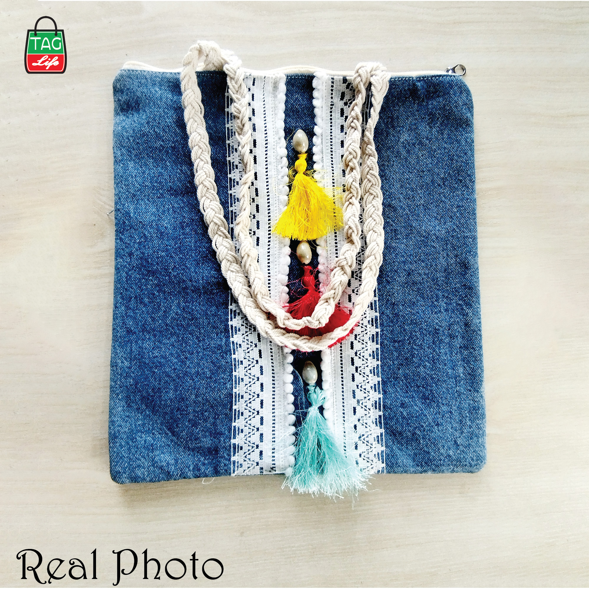 Picture of taglifestyle Denim Tote Bag Shopping Bag/College/University Bag, Tote Bag ,Denim Bag with inside pocket and Zipper closer For college ,university, girls and women