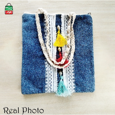 Picture of taglifestyle Denim Tote Bag Shopping Bag/College/University Bag, Tote Bag ,Denim Bag with inside pocket and Zipper closer For college ,university, girls and women