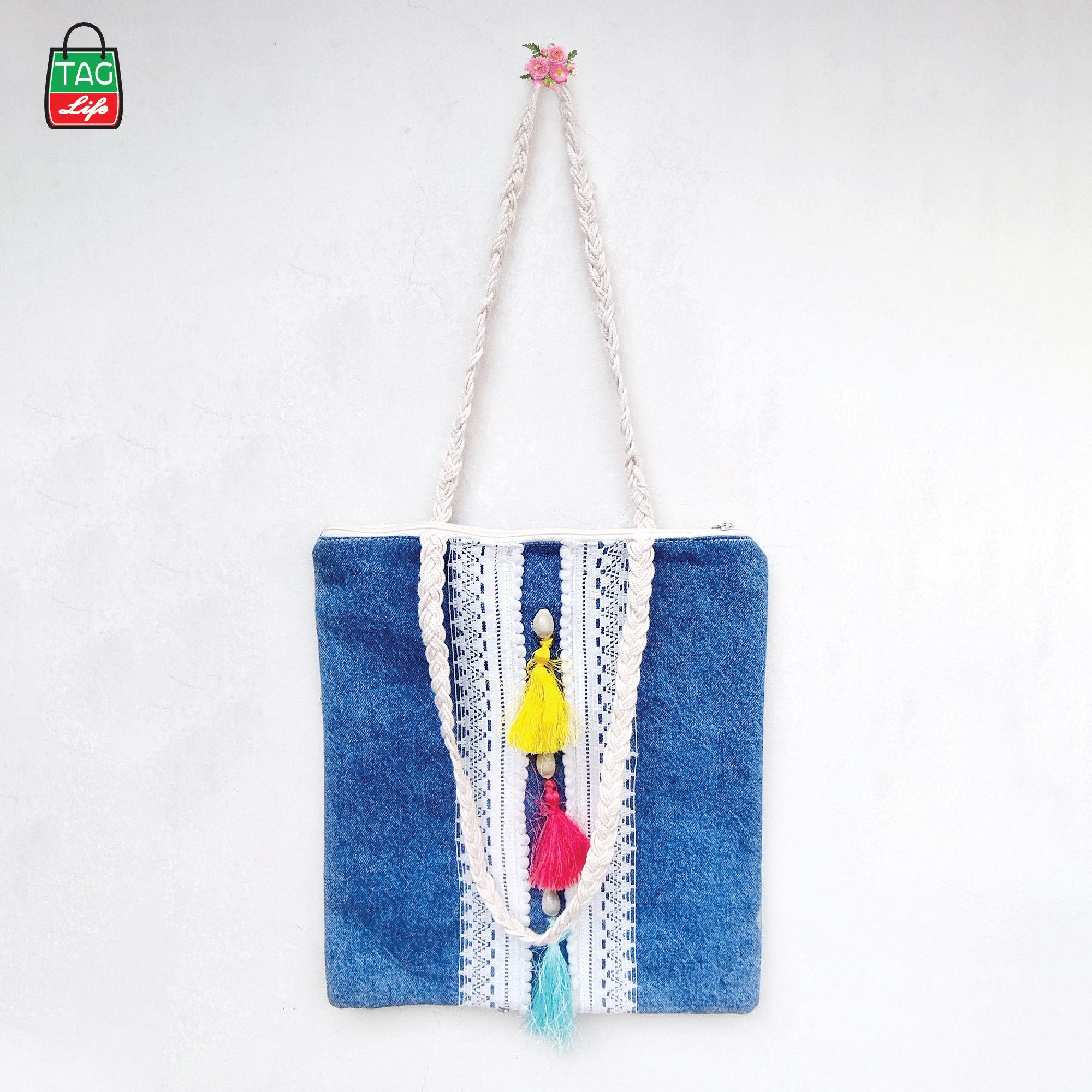 Picture of taglifestyle Denim Tote Bag Shopping Bag/College/University Bag, Tote Bag ,Denim Bag with inside pocket and Zipper closer For college ,university, girls and women