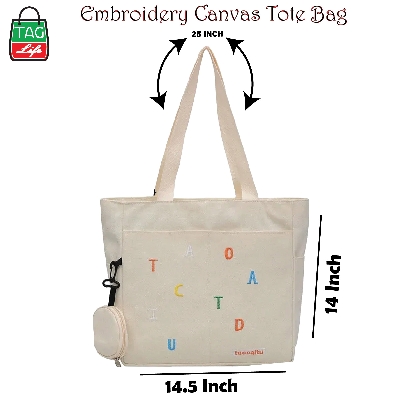 Picture of TAG Lifestyle Exclusive Design embroidery Canvas Tote Bag, Fashionable Top Handle With four Outside Pockets Trendy Fashionable Tote Bag for University, College Students Girls And Women