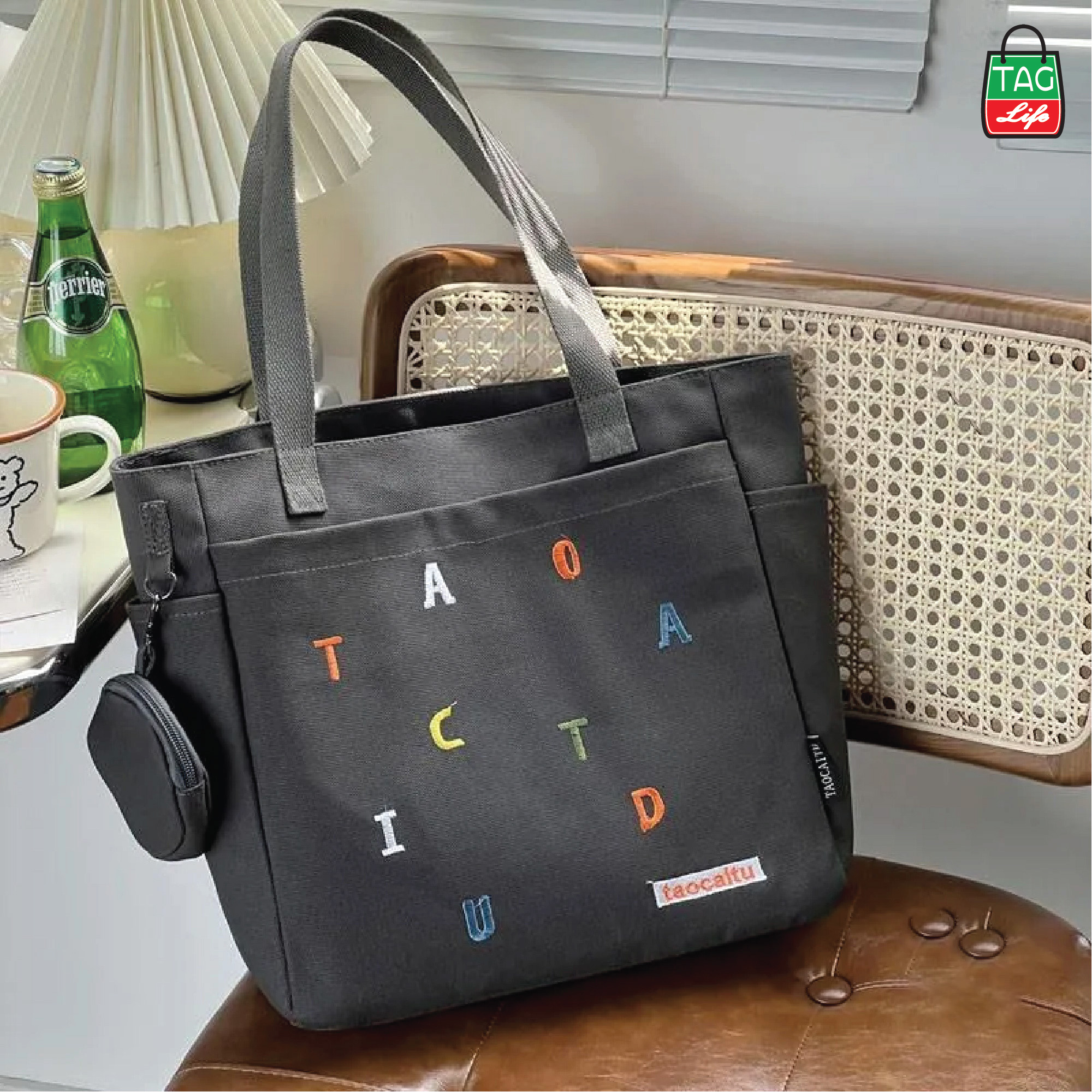 Picture of TAG Lifestyle Exclusive Design embroidery Canvas Tote Bag, Fashionable Top Handle With four Outside Pockets Trendy Fashionable Tote Bag for University, College Students Girls And Women