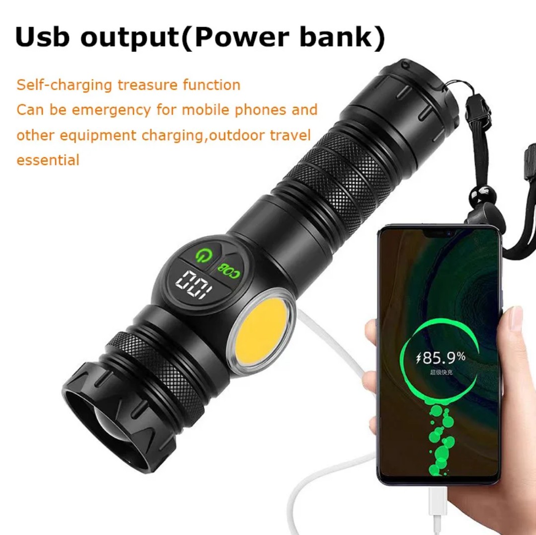Picture of TechG K60 Rechargeable Flashlight 10W COB + LED Torchlight 5000,mah Battery/● Made in japan