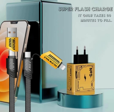 Picture of TeChG 120W GaN super Fast Charging Adapter PD27w QC3.0 USB with 65 Watt 4in1 PD Cable Combo