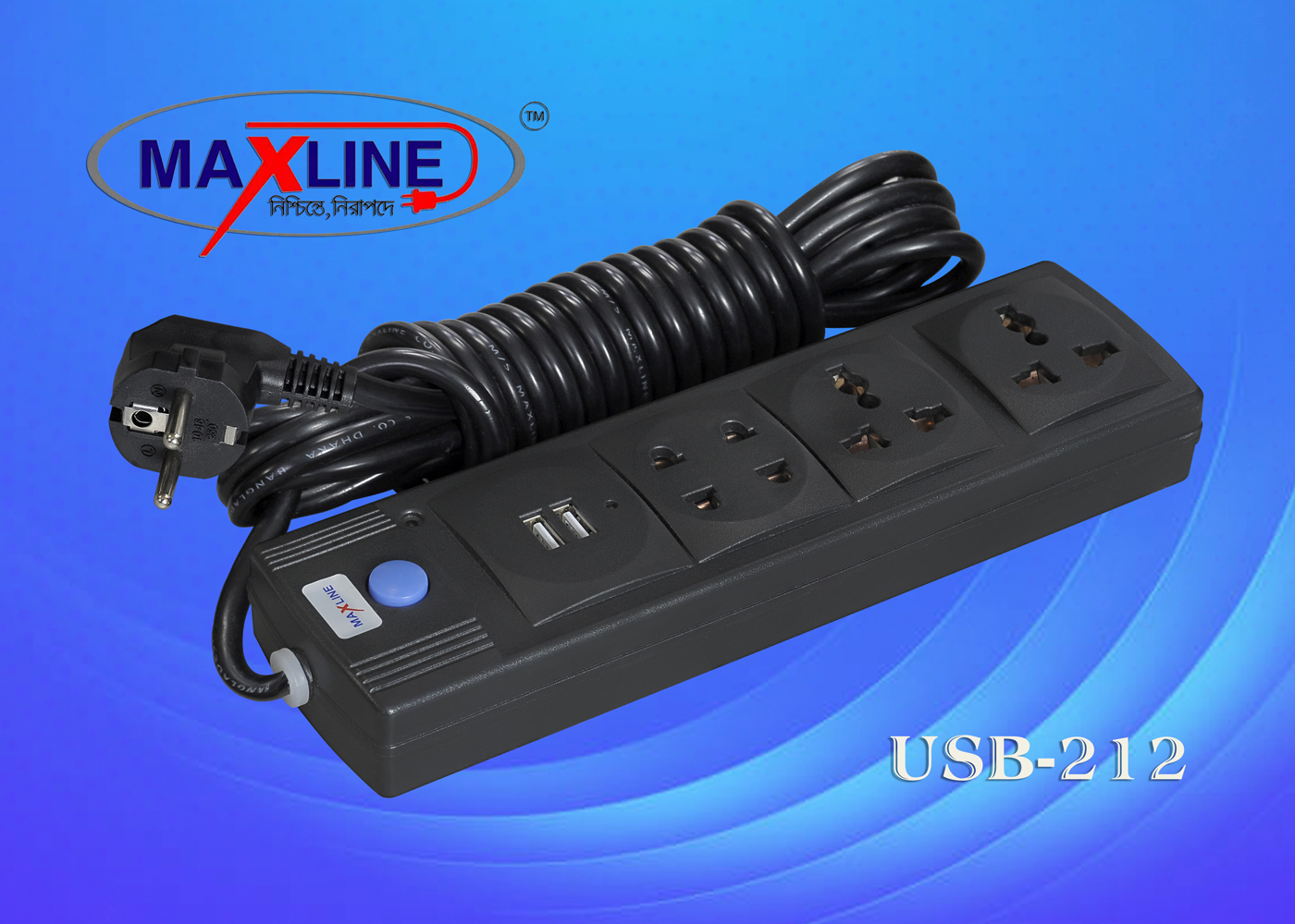 Picture of Maxline Dual USB Multiplug 4 Port Extension Socket Model- ML- 212 -5 Miter Wire , ( 16 Feet Cable)