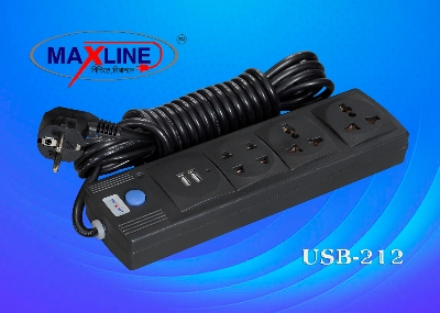 Picture of Maxline Dual USB Multiplug 4 Port Extension Socket Model- ML- 212 -2 Miter Wire , ( 7 Feet Cable)