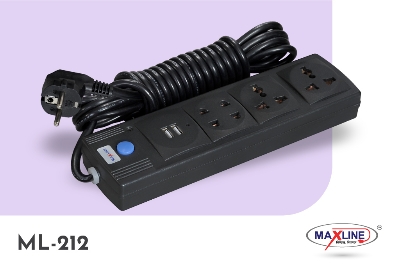 Picture of Maxline Dual USB Multiplug 4 Port Extension Socket Model- ML- 212 -2 Miter Wire , ( 7 Feet Cable)