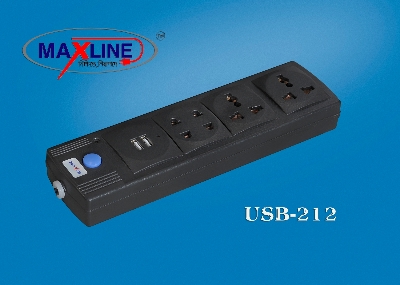 Picture of Maxline Dual USB Multiplug 4 Port Extension Socket Model- ML- 212 -2 Miter Wire , ( 7 Feet Cable)