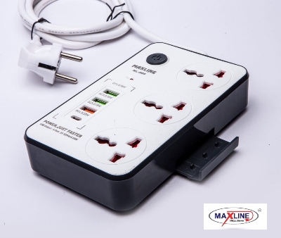 Picture of Maxline  Durable Multiplug Model: ML-804, 3 Sockets & 4 USB Fast Charging Multiplug Power Strip-2 Miter Wire/7 Fit Cable: