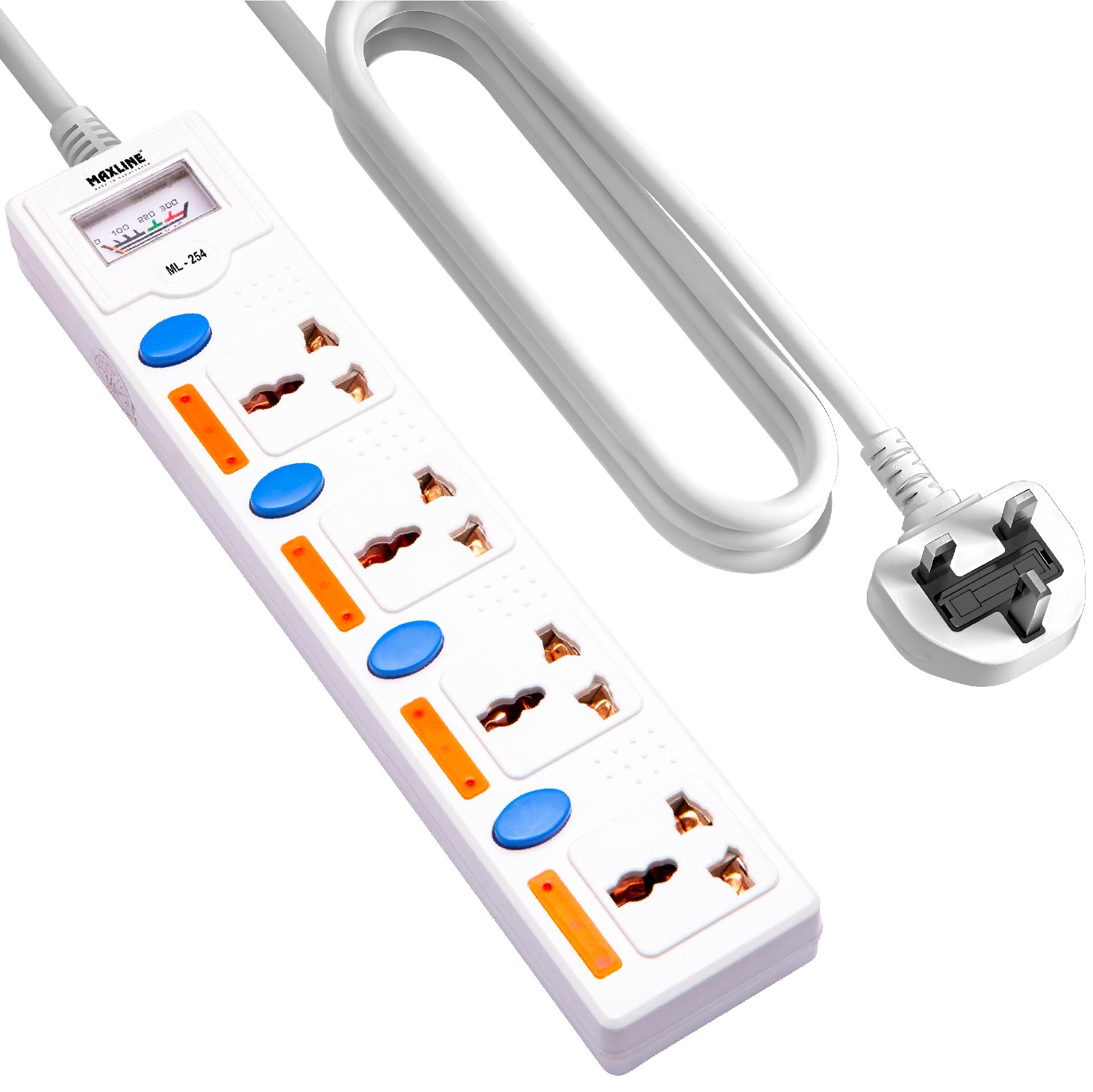 Picture of Maxline 4 Gang Multi Extension Socket Model: ML-254-3 Pin Plug /5 Miter Wire( 16 Fit/Hand Long Wire)