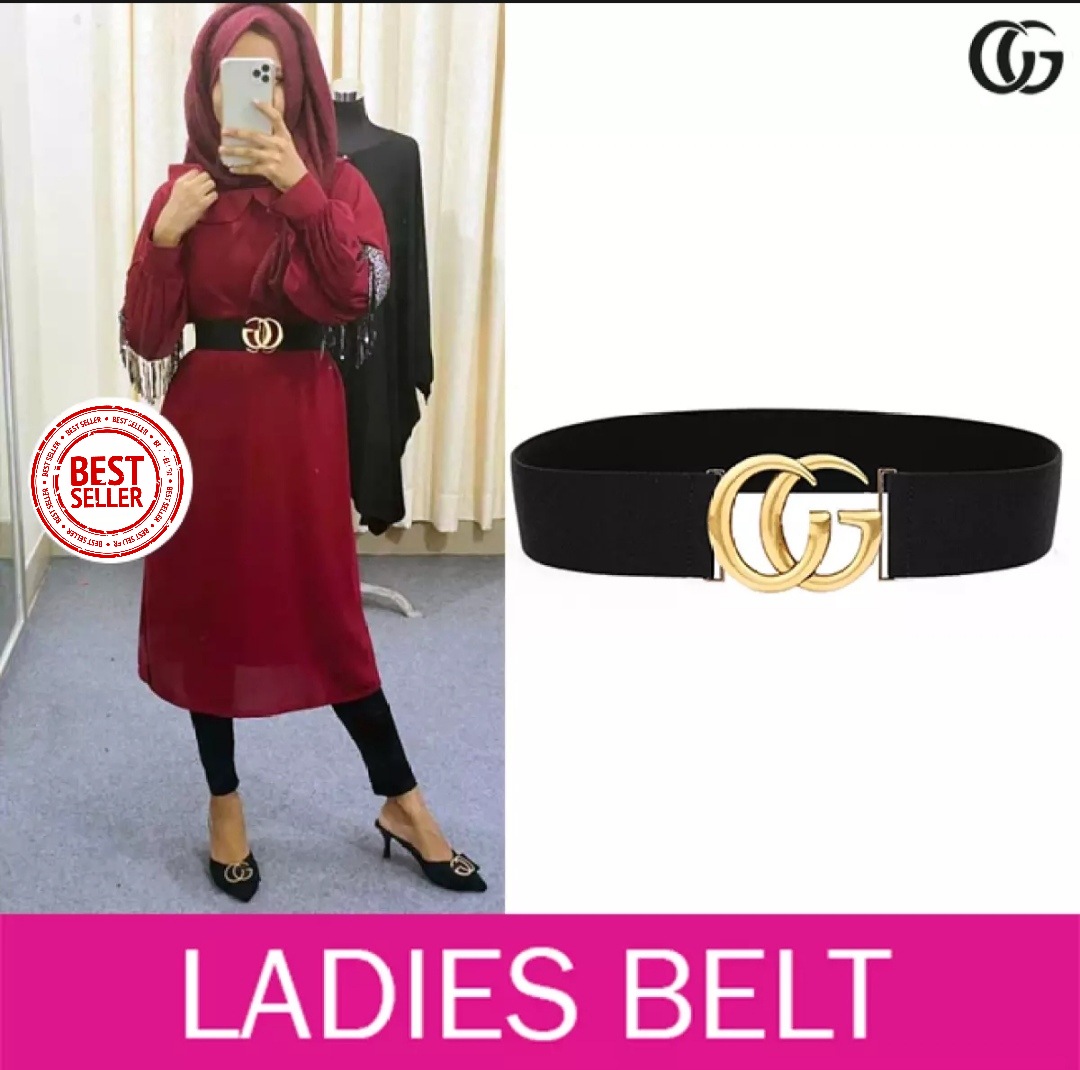 Picture of Ladies Belt For Ladies GG Black Belt Golden Buckle Belt For Girls Women's Fashion Accessories Belt For Dress Fitting Belt For Saree Belt For Sari Girls Belt For Jeans Tops Gown Lehenga Womens Belt Elastic Stretchable New Year Belts Collection BD