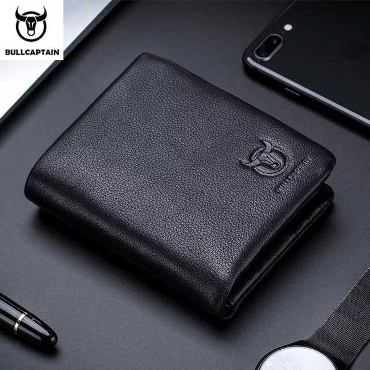 Picture of Bullcaptain Short Men Cow Leather Trifold Photo Holder Wallet