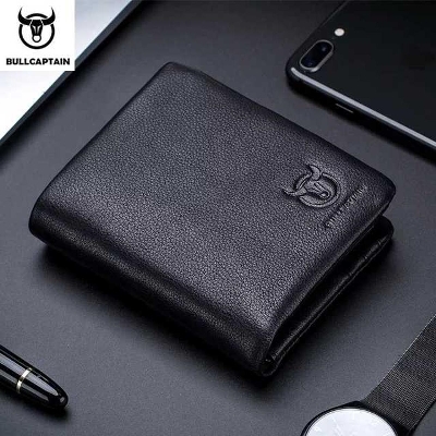 Picture of Bullcaptain Short Men Cow Leather Trifold Photo Holder Wallet
