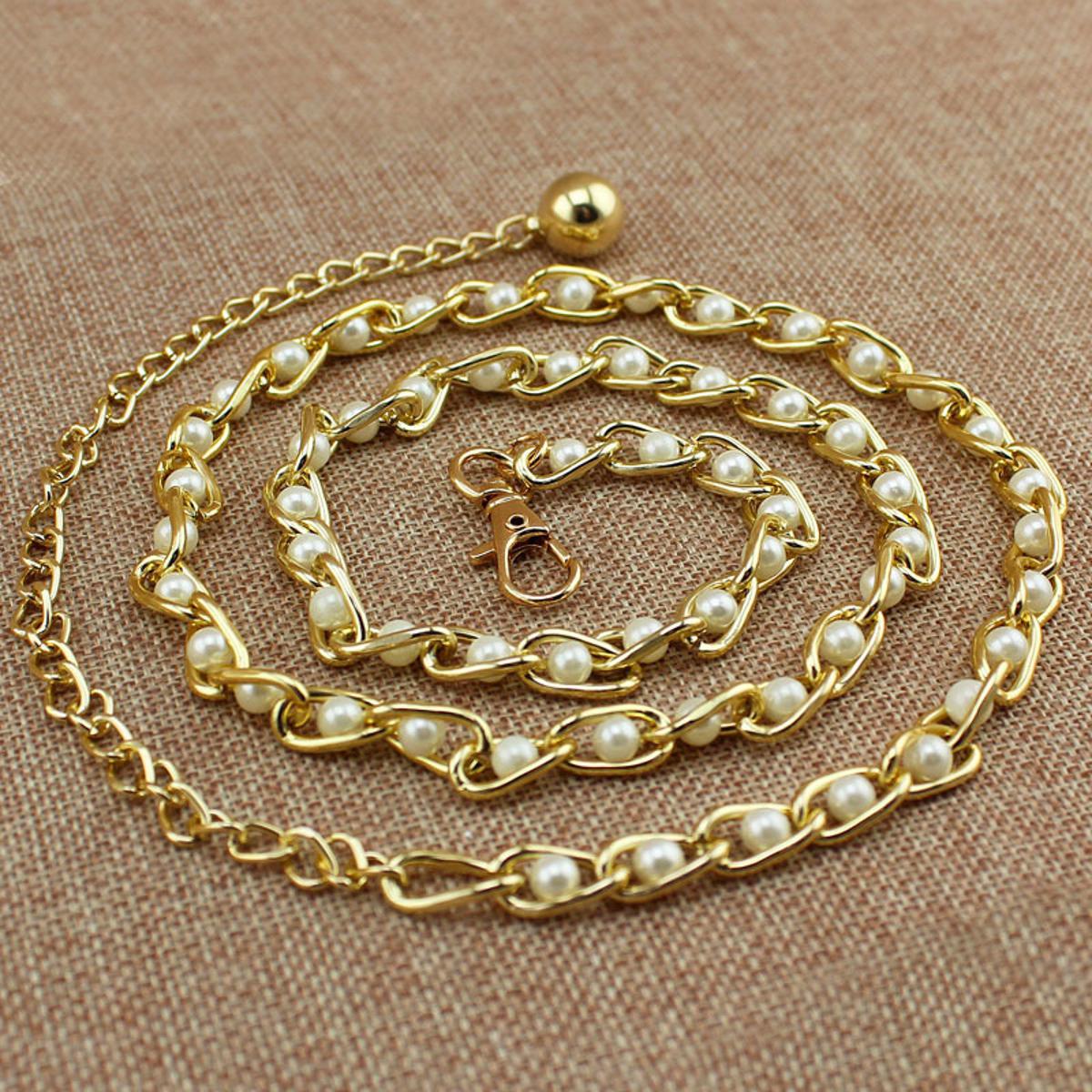Picture of Ladies Adjustable Pearl Chain Belt Fashion Women Luxury Design Simple Style Decor Dress Thin Adjustable Waist Belt