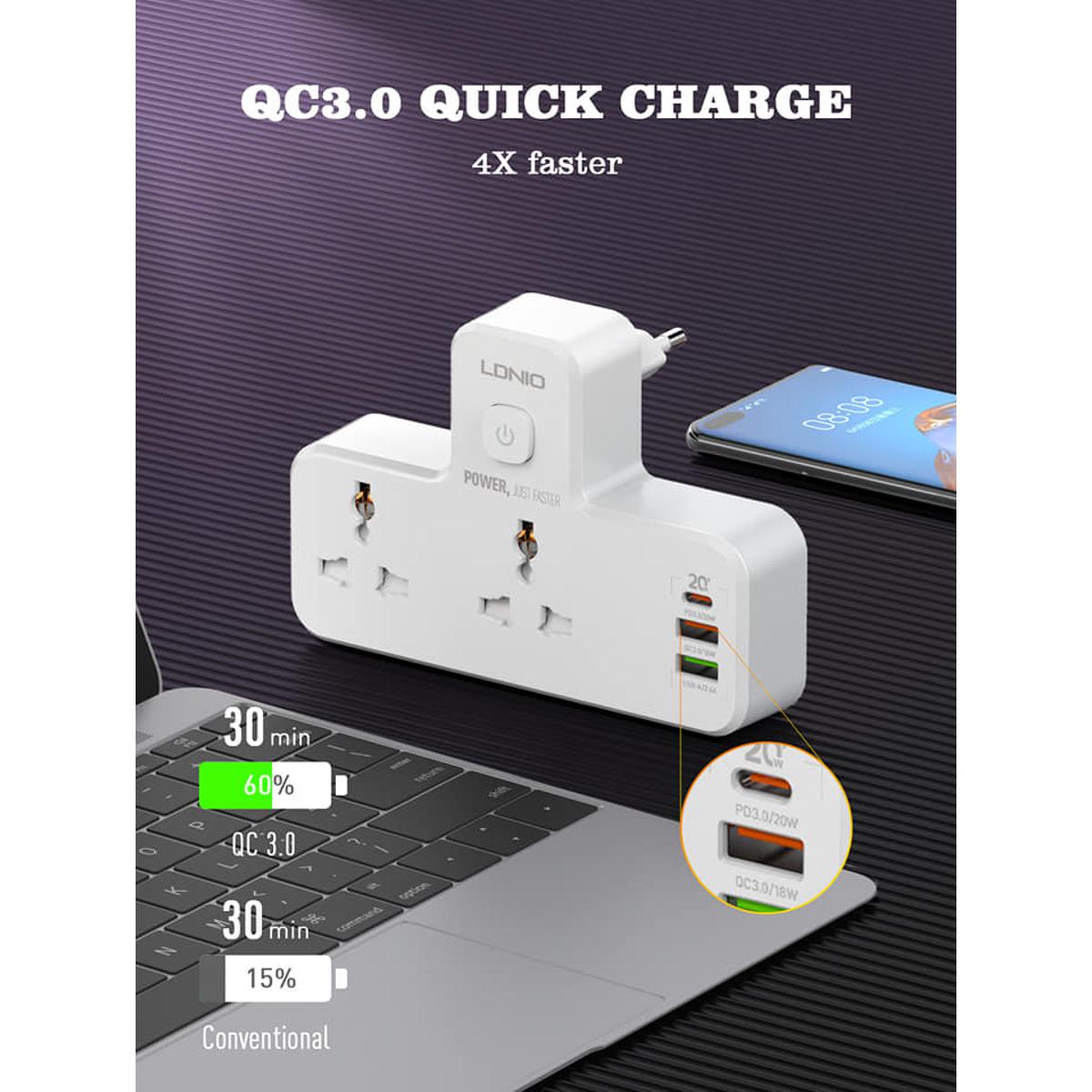 Picture of LDNIO Power Strip 2 Port with 2 USB and 1 USB-C PD & QC3.0 EU (SC2311) – White