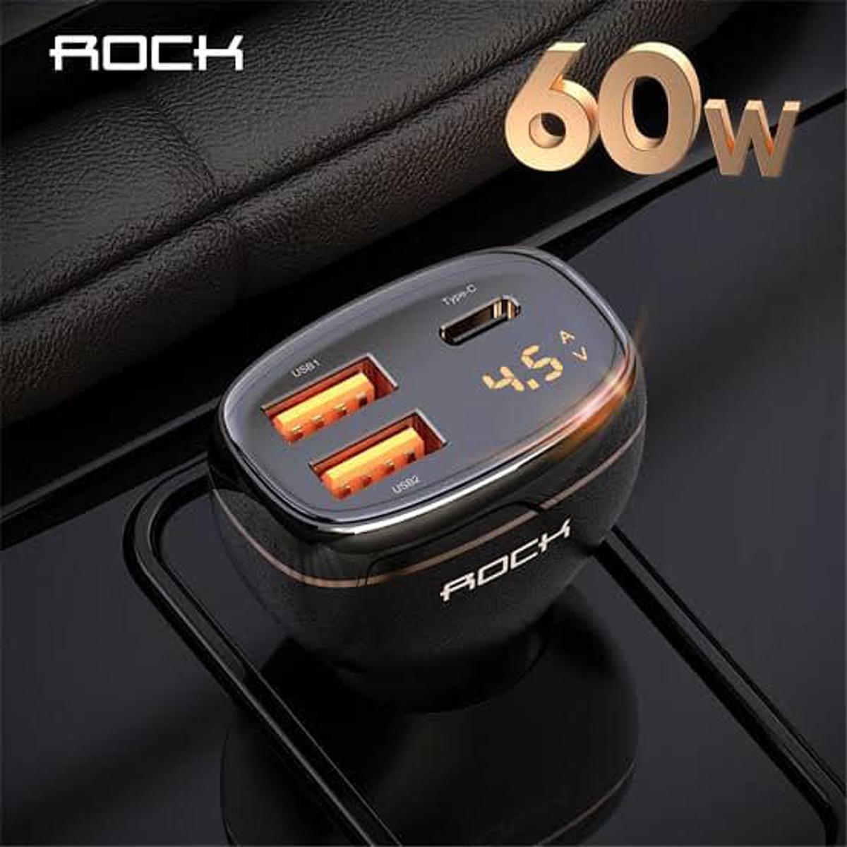 Picture of ROCK 60W 3 Port Car Charger Digital Display QC4.0 QC3.0 Type C PD 33W Fast Car Charging Charger For iPhone 13 12 Pro Max Samsung