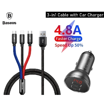 Picture of Baseus Digital Display Dual USB 4.8A Car Charger 24W with Three Primary Colors 3-in-1 Cable USB 1.2M Black Suit