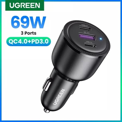 Picture of U GREEN Car Chargers 69W QC3.0 Quick Charger 1X USB 2x Type-C Car Cigarette Lighter Adapter 20467