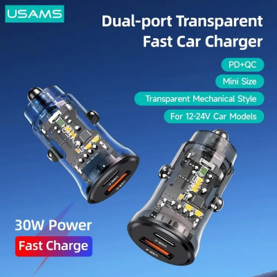Picture of USAMS US-CC164 30W Transparent USB A C dual port Mini USB C Car Charger
