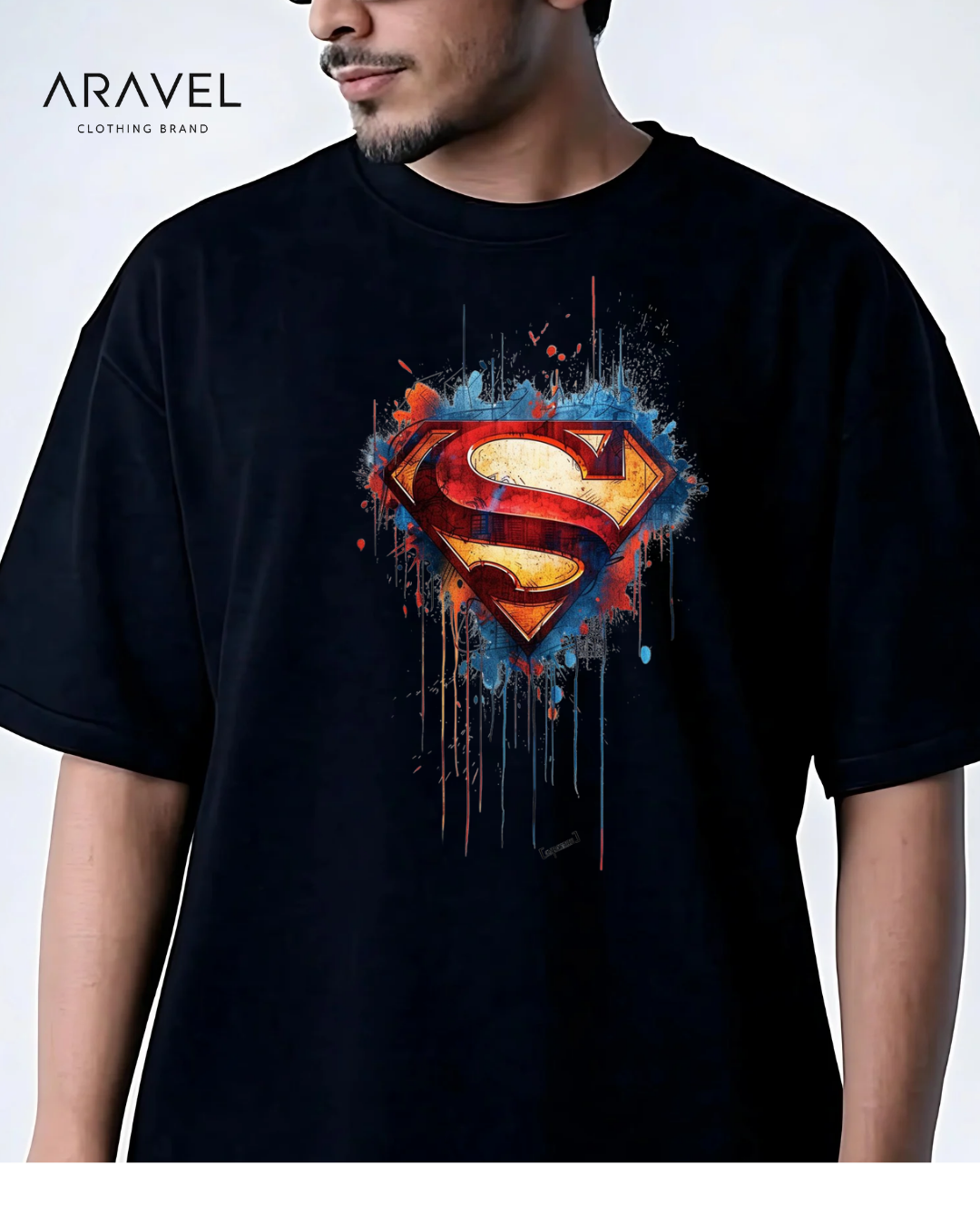 Picture of Aravel Superman T-Shirt for Men | 190 GSM Premium DTF Print | Black Unisex Tee, Sizes M, L, XL | Unique Superhero Design