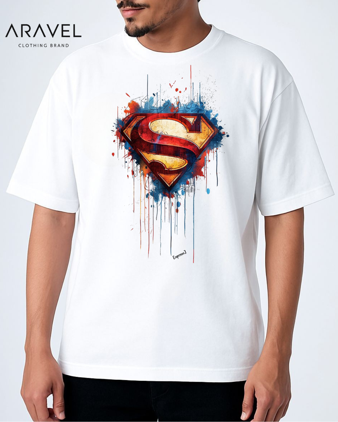 Picture of Aravel Superman T-Shirt for Men | 190 GSM Premium DTF Print | Black Unisex Tee, Sizes M, L, XL | Unique Superhero Design