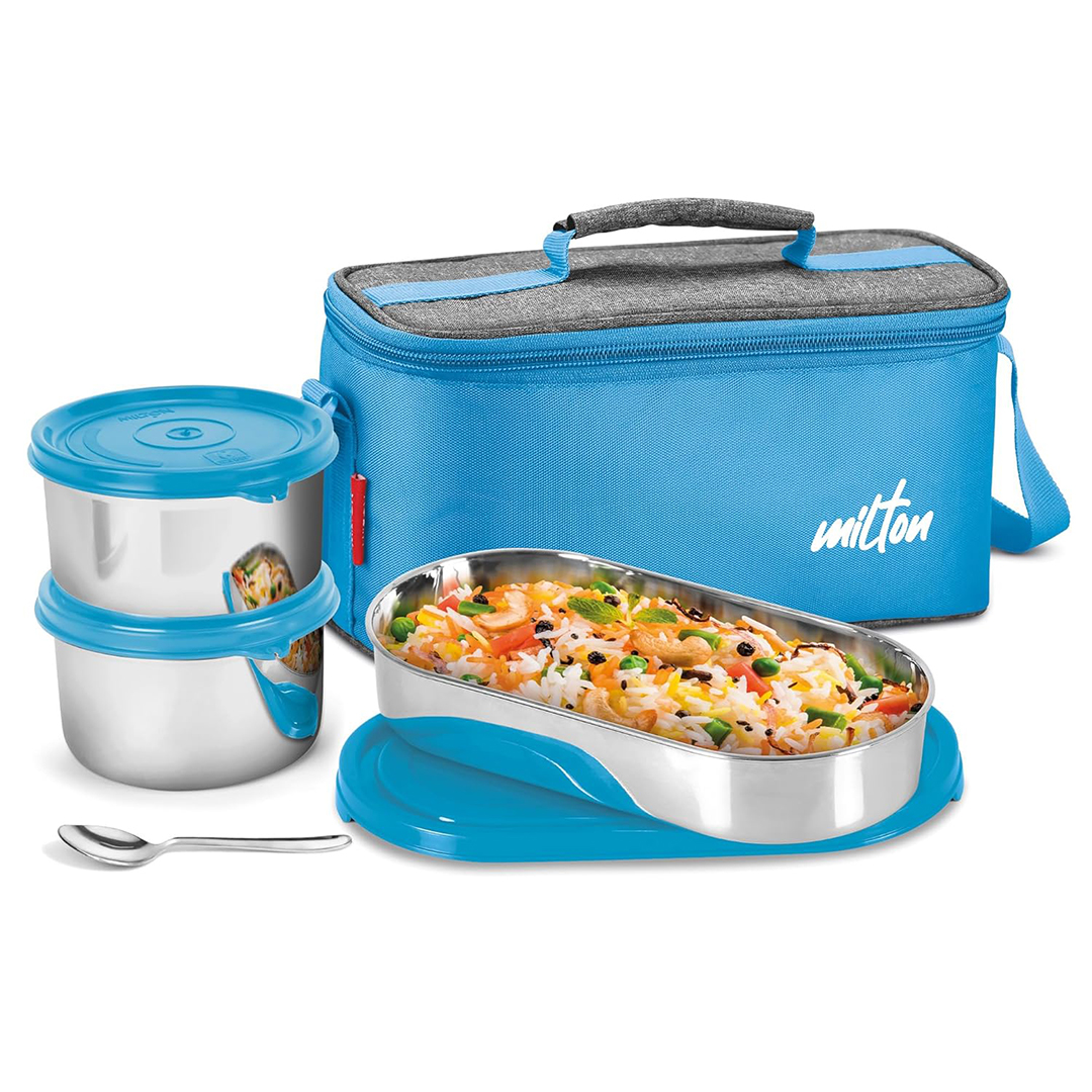Picture of MILTON Steel Smart Lunch Box (2 Round Inner Steel Containers 500ml Each, 1 Oval Container 675ml; Spoon) with Insulated Fabric Bag, Leak Proof, Odour Proof, Easy to Carry, Food GradeMILTON Steel Smart Lunch Box (2 Round Inner Steel Containers 500ml Each, 1 Oval Container 675ml; Spoon) with Insulated Fabric Bag, Leak Proof, Odour Proof, Easy to Carry, Food Grade