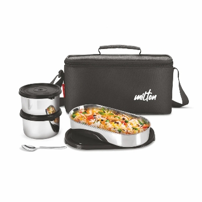 Picture of MILTON Steel Smart Lunch Box (2 Round Inner Steel Containers 500ml Each, 1 Oval Container 675ml; Spoon) with Insulated Fabric Bag, Leak Proof, Odour Proof, Easy to Carry, Food GradeMILTON Steel Smart Lunch Box (2 Round Inner Steel Containers 500ml Each, 1 Oval Container 675ml; Spoon) with Insulated Fabric Bag, Leak Proof, Odour Proof, Easy to Carry, Food Grade