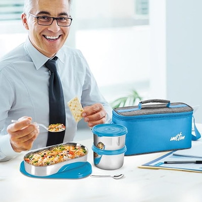 Picture of MILTON Steel Smart Lunch Box (2 Round Inner Steel Containers 500ml Each, 1 Oval Container 675ml; Spoon) with Insulated Fabric Bag, Leak Proof, Odour Proof, Easy to Carry, Food GradeMILTON Steel Smart Lunch Box (2 Round Inner Steel Containers 500ml Each, 1 Oval Container 675ml; Spoon) with Insulated Fabric Bag, Leak Proof, Odour Proof, Easy to Carry, Food Grade
