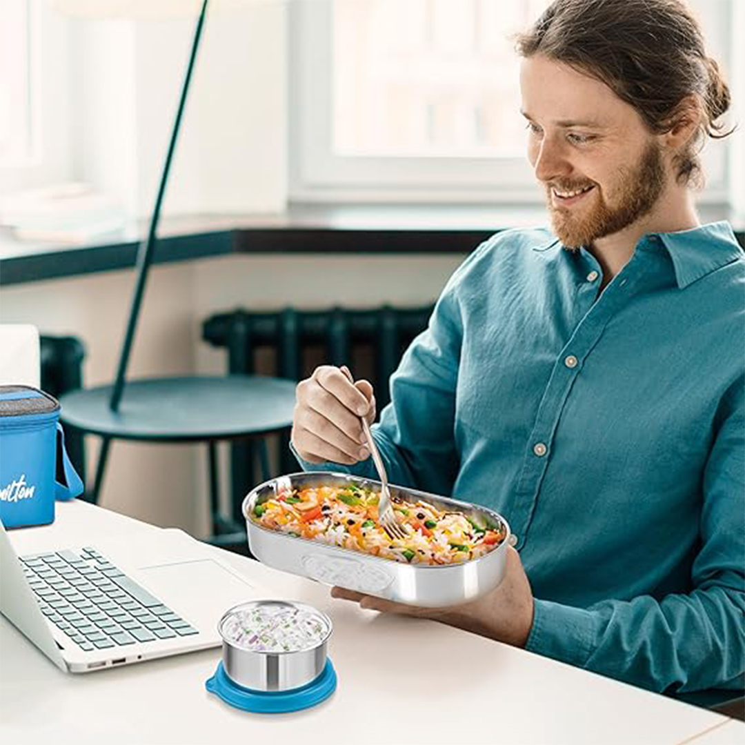 Picture of MILTON Steel Smart Lunch Box (2 Round Inner Steel Containers 500ml Each, 1 Oval Container 675ml; Spoon) with Insulated Fabric Bag, Leak Proof, Odour Proof, Easy to Carry, Food GradeMILTON Steel Smart Lunch Box (2 Round Inner Steel Containers 500ml Each, 1 Oval Container 675ml; Spoon) with Insulated Fabric Bag, Leak Proof, Odour Proof, Easy to Carry, Food Grade