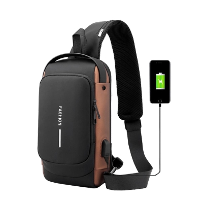 Picture of Anti-theft Travel Bag Male USB Charging Chest Bag Pack Multifunction Patent Leather Chest Bag Men Waterproof Men Crossbody Bag