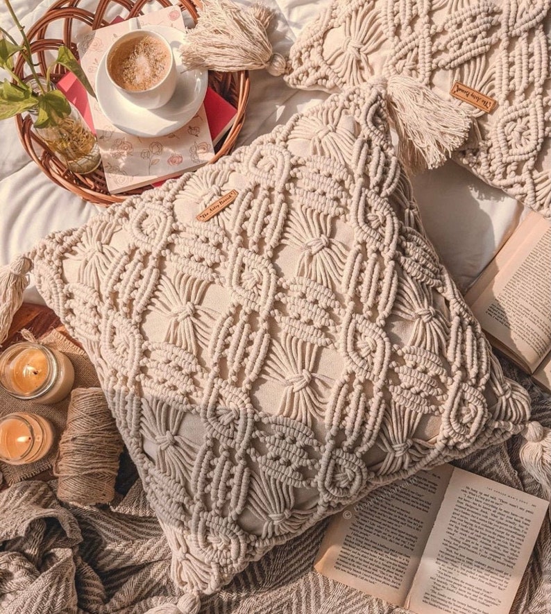 Exclusive handmade macrame cushion cover in off white, 16x16 inch, boho decorative throw pillow case with cotton back