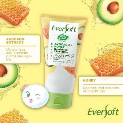 Picture of International Malaysian product Eversoft Avocado & Honey Mochi Whip cleanser used for male female - 120 gm