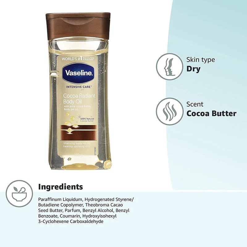 Picture of 200 ml Vaseline intensive care cocoa radiant body oil International UAE product used for male female Picture of 200 ml Vaseline intensive care cocoa radiant body oil International UAE product used for male female