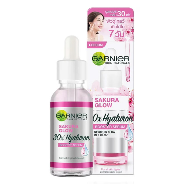 Picture of 30 ml Garnier Sakura Glow 30x hyaluron Boster Serum International Malaysian product used for male female