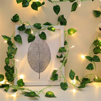 Picture of 2 Meter 20 LED String Lights Artificial Ivy Fake Garland Green Leaf Plants Vine Battery Operate Fairy String Lights Hanging for Wedding Party Home Wall Decor